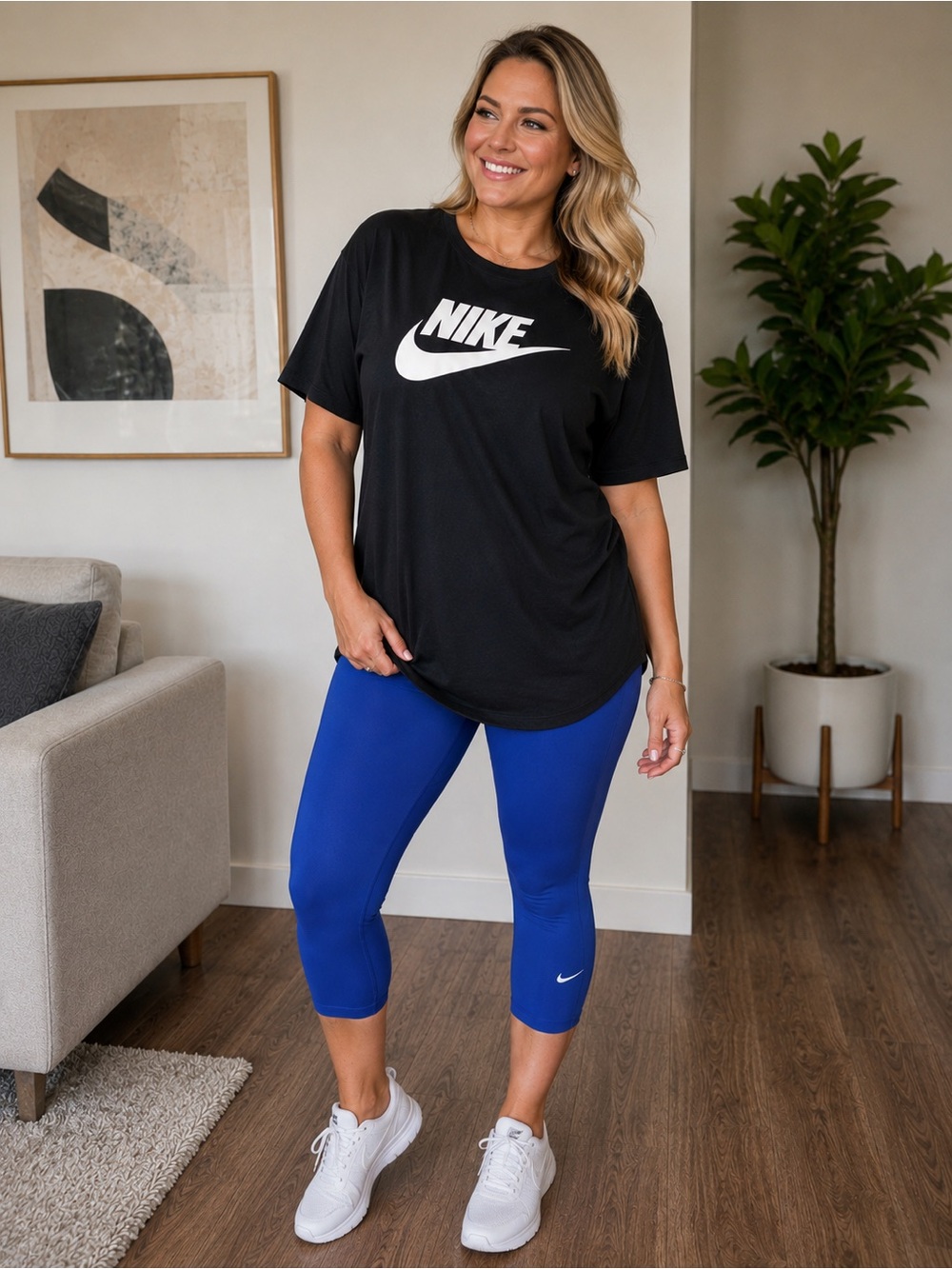 Nike Women's Black Tee with White Logo & Blue Capris